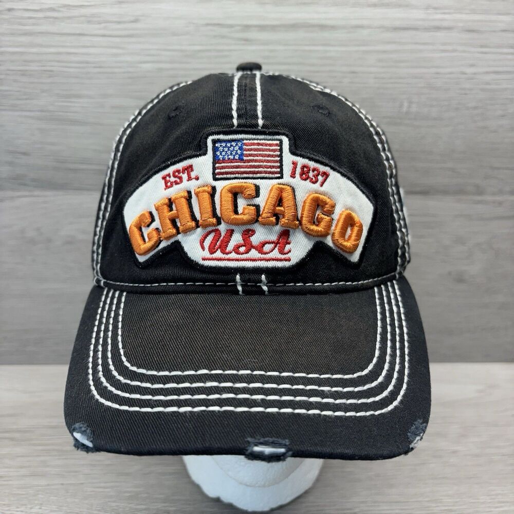 Vintage Style Black Chicago USA Distressed Baseball Cap Hat Trucker Carpinter